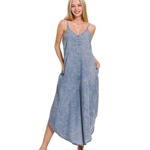 Zenana Lyocell Acid-Washed Jumpsuit - Picture 1 of 3